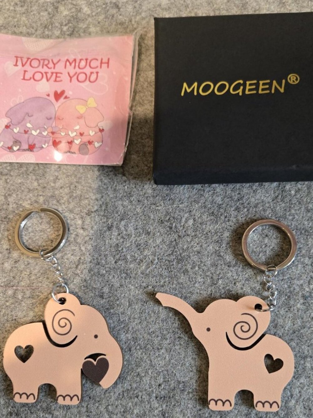 Matching Elephants Keychains Light Pink/Rose Gold Tone w/ "Love You" Message